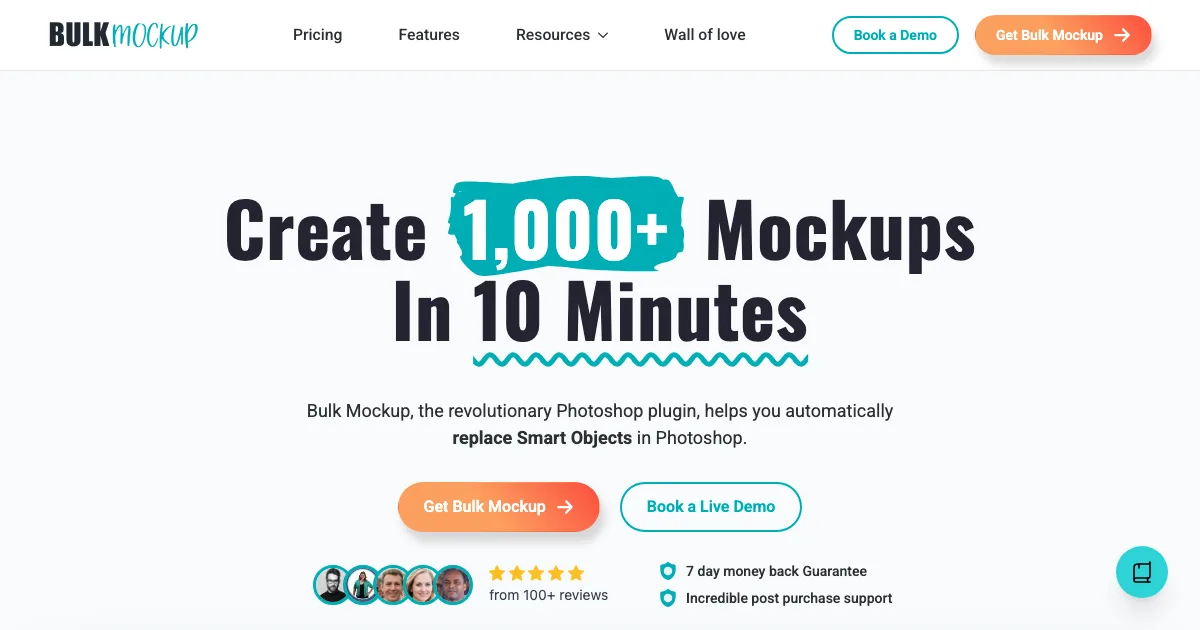 BulkMockup homepage hero showing its Photoshop mockup plugin