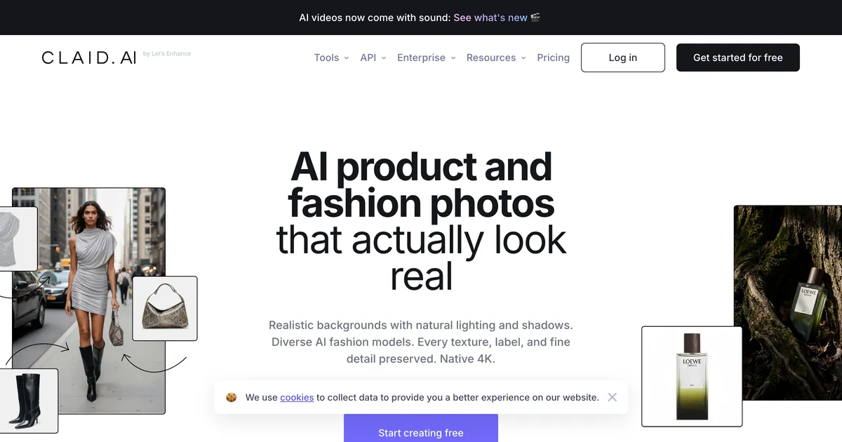 Claid homepage hero promoting AI product photography for ecommerce catalogues