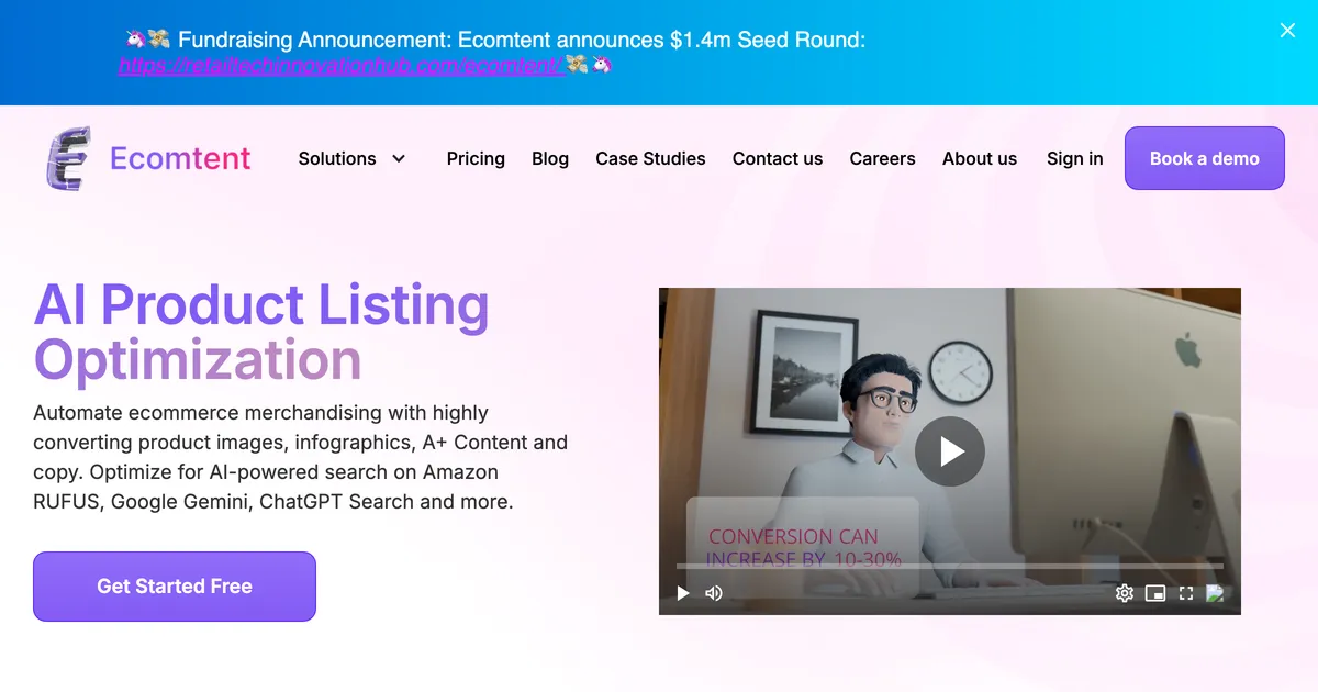 Ecomtent homepage hero promoting AI-generated marketplace listing content