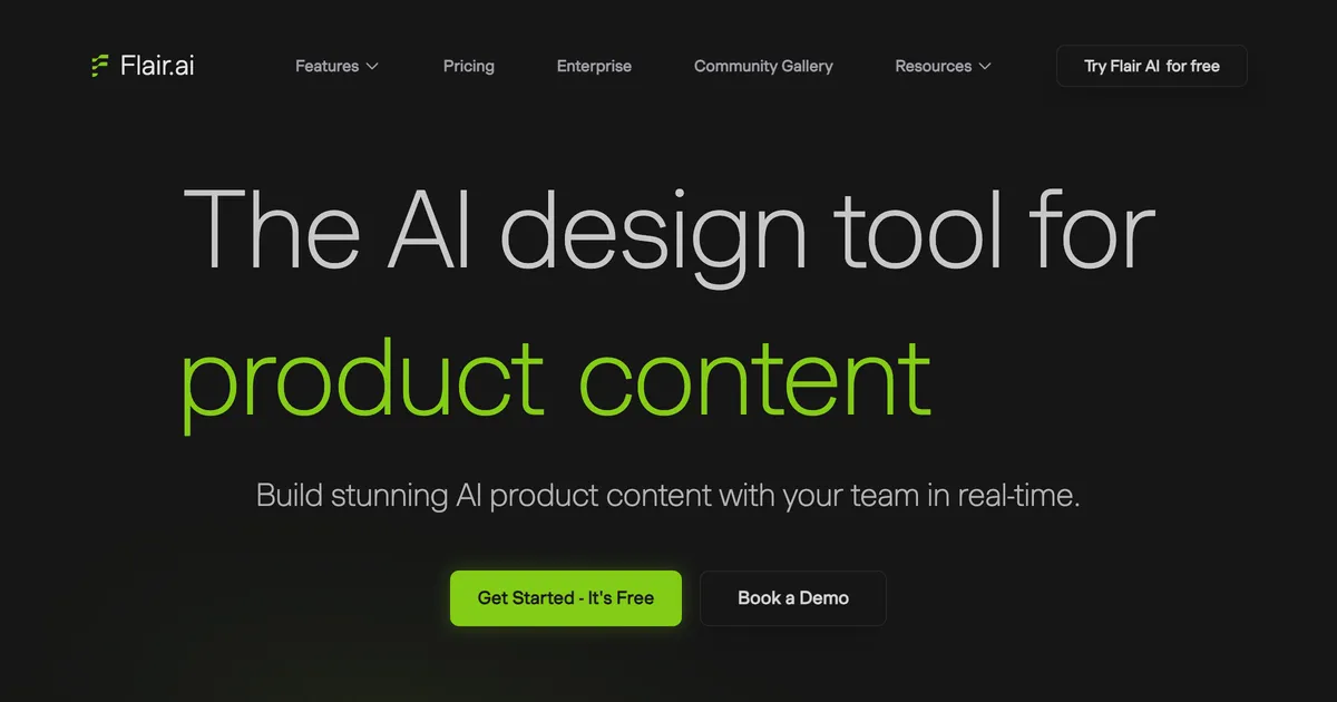 Flair.ai homepage hero showing AI-directed product photography scenes