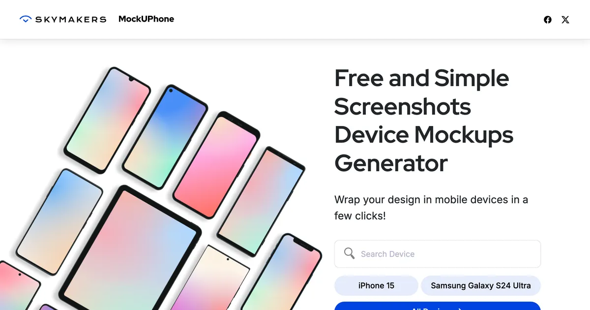 MockuPhone homepage hero offering free device mockups with no account