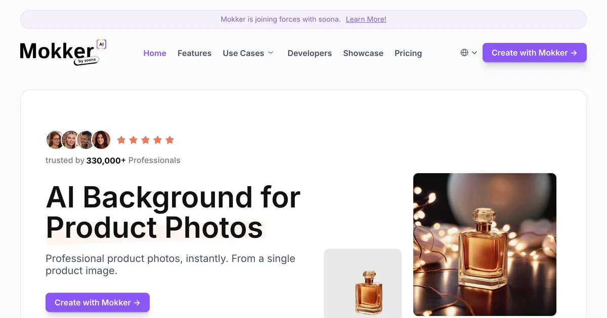 Mokker AI homepage hero promoting generated product photos for sellers