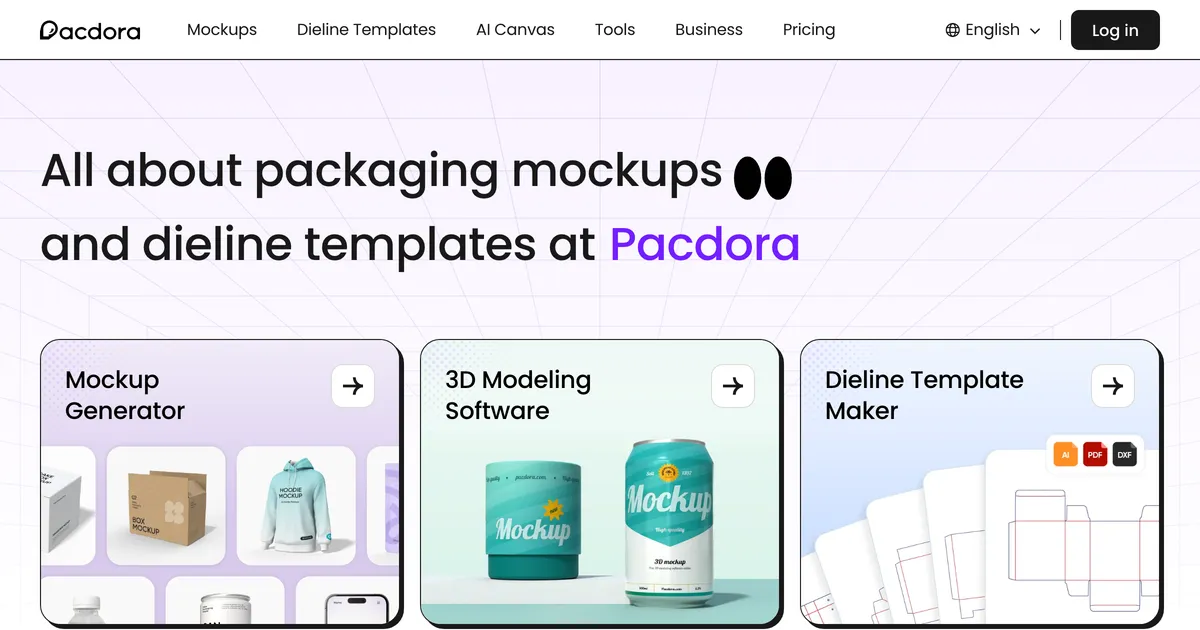 Pacdora homepage hero showing 3D packaging templates and dielines