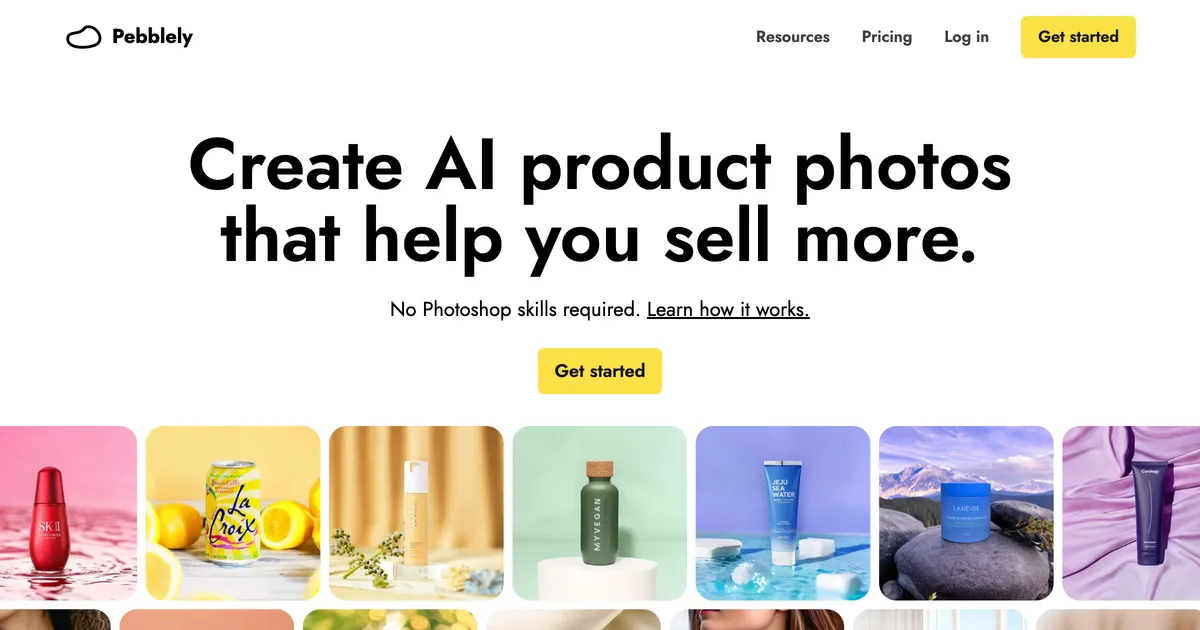 Pebblely homepage hero showing AI-generated backgrounds around product photos