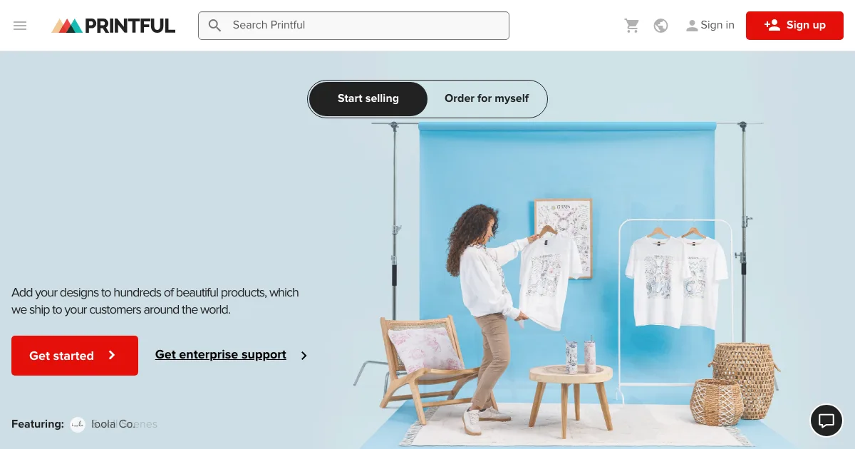 Printful homepage hero promoting its print on demand fulfilment