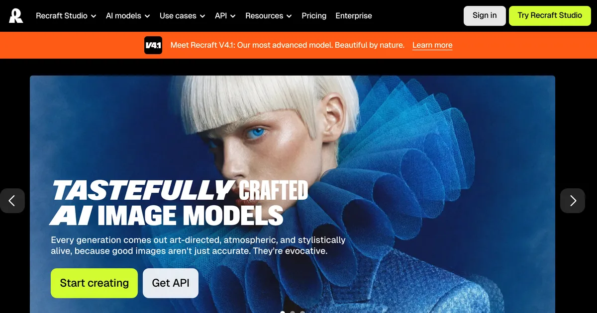 Recraft homepage hero promoting AI image and vector generation