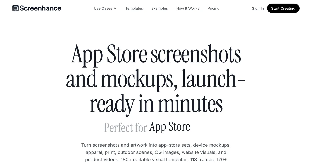Screenhance homepage hero showing app store screenshot templates